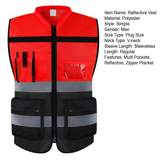 Мужской светоотражающий жилет высокой видимости с v-образным вырезом без рукавов и несколькими карманами, дизайн жилета с прозрачным ID, карманом, держателем для ручек, жилет, пальто