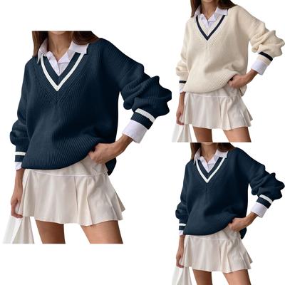 Женский и зимний повседневный свитер с контрастной строчкой и длинными рукавами, тонкий и свободный