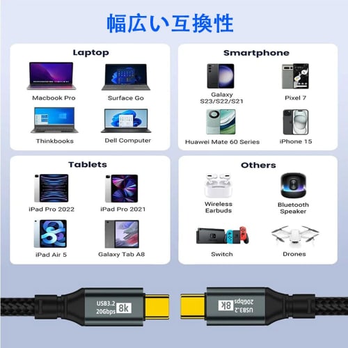 Кабель USB C 3M Type-C для зарядки [совместимый с PD, быстрая зарядка 100 Вт/стандарт USB 3.2 Gen2*2, передача данных 20 Гбит/с] USB-C на USB-C, сверхбыстрая зарядка 8K/
