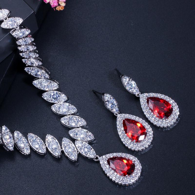 CMM 2PCS Engagement Water Drop Cubic Zirconia Pendant Necklace Set Earrings