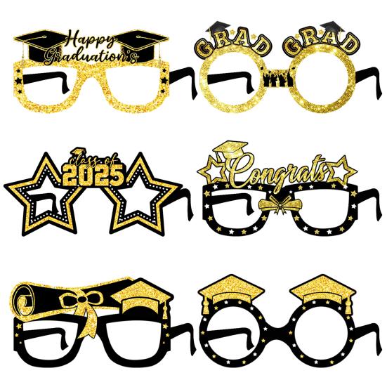 6 шт. черно-золотых выпускных очков класса 2025 года, очки для украшения выпускного вечера, реквизит для фотобудки