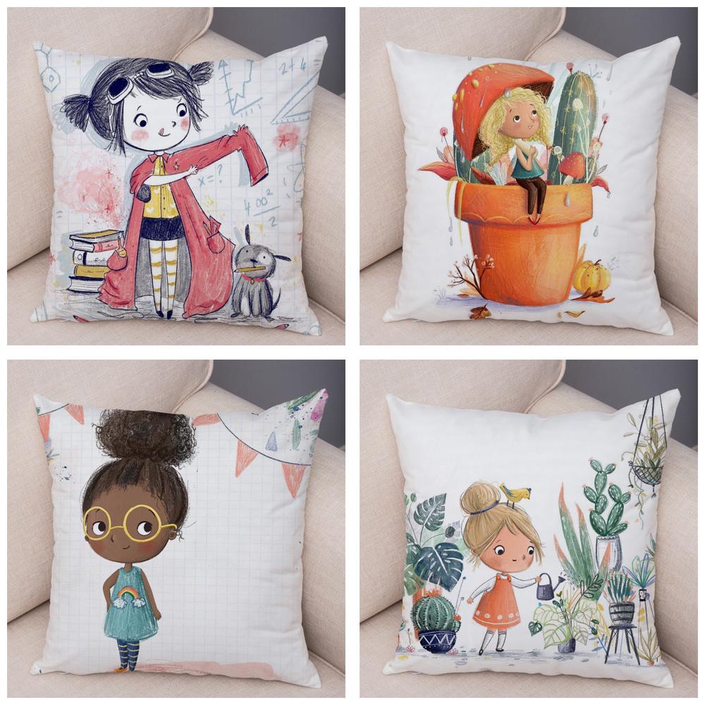 Super Soft Plush Pillow Case for Sofa Home Watercolor Cartoon Girl Cushion Cover Decor Fairy Tale World Lovely Child Pillowcase