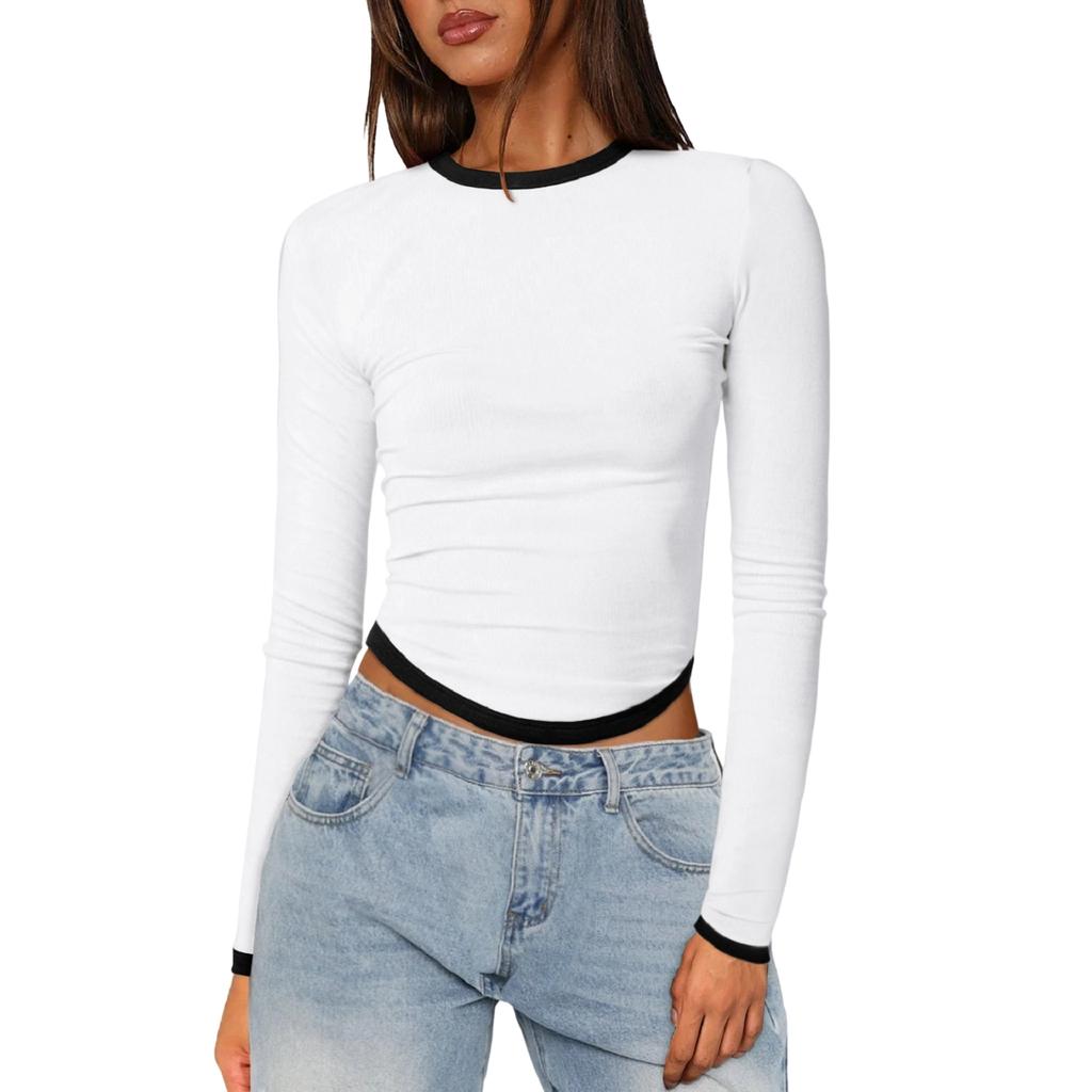 Women's Long-Sleeve  Slim-Fit Color Block Crop Base Layer Top