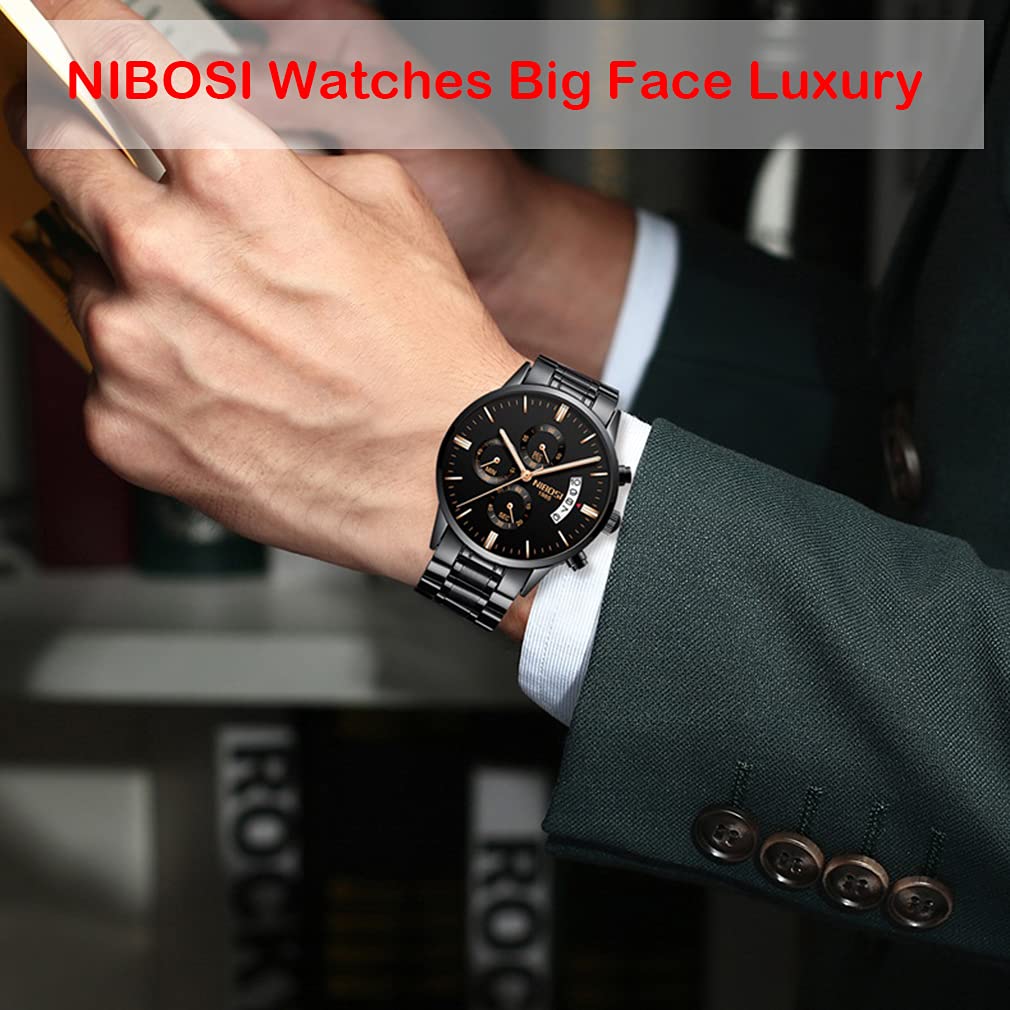 NIBOSI Men's Watch, Black, Big Face, Chronograph, Analog, Business, Casual, Metal Band, Stainless Steel, Date, Fluorescent, Luxury, Father's Day Gift