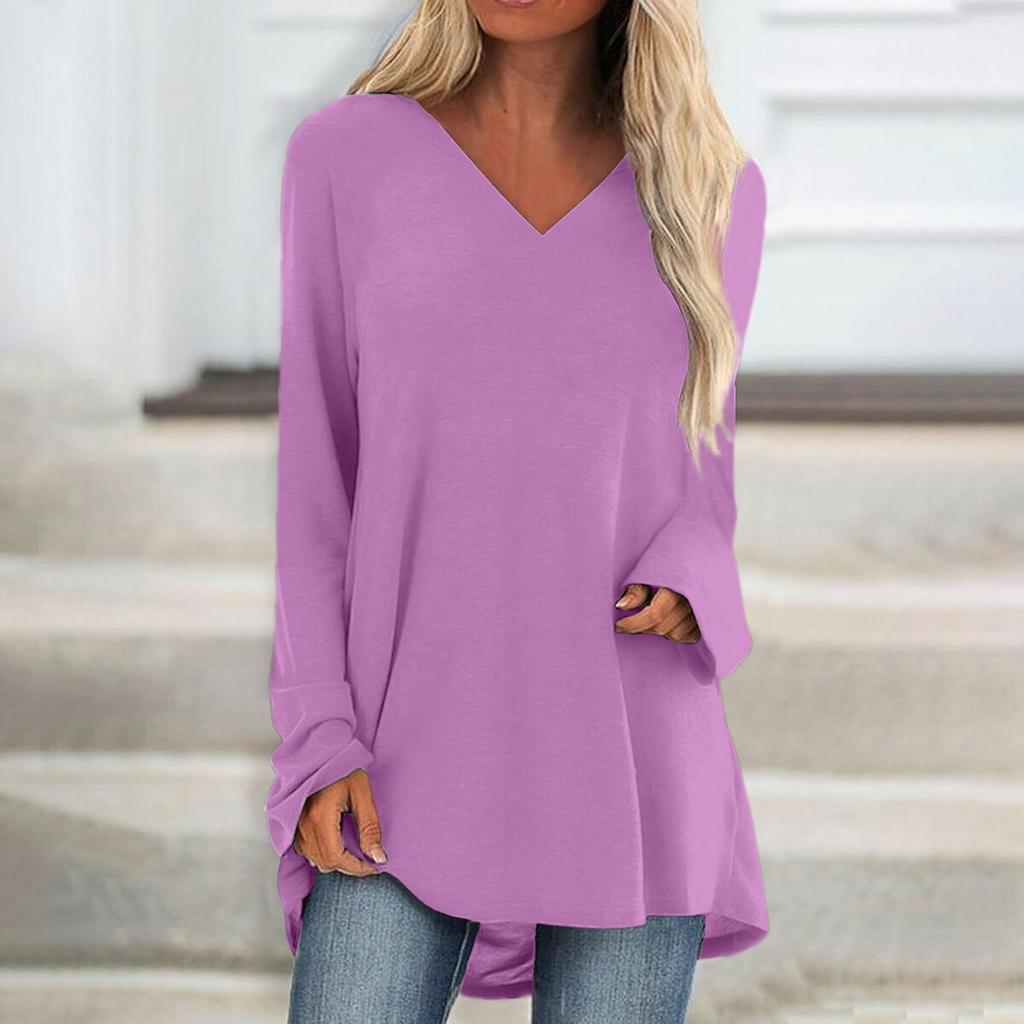 Women's Fashion Casual T-shirt Solid Color Long Sleeve V-neck Medium Long Top