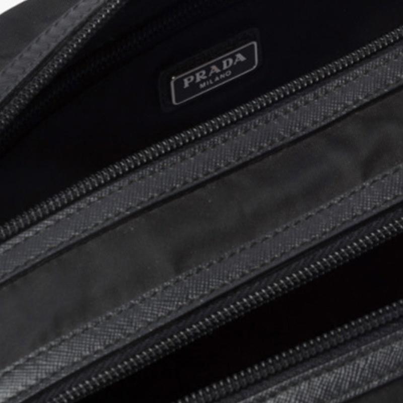 Prada Silver Logo Saffiano Leather Toilet Bag Clutch Unisex Couple Style Black