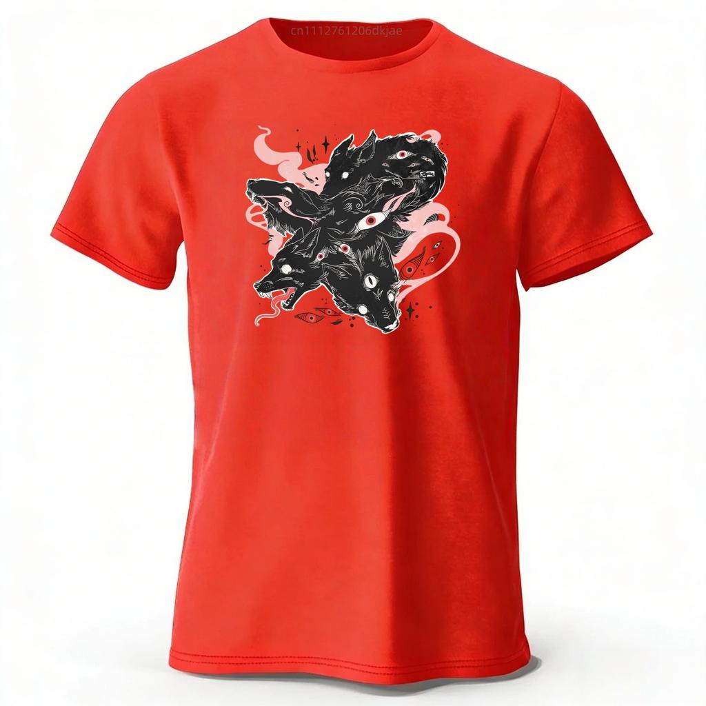 Dark Multi Headed Wolf Demon Mysterious Printed Pure Cotton Tshirt for Mens Leisure Tshirt Plus Size and Loose Fit Sports Top