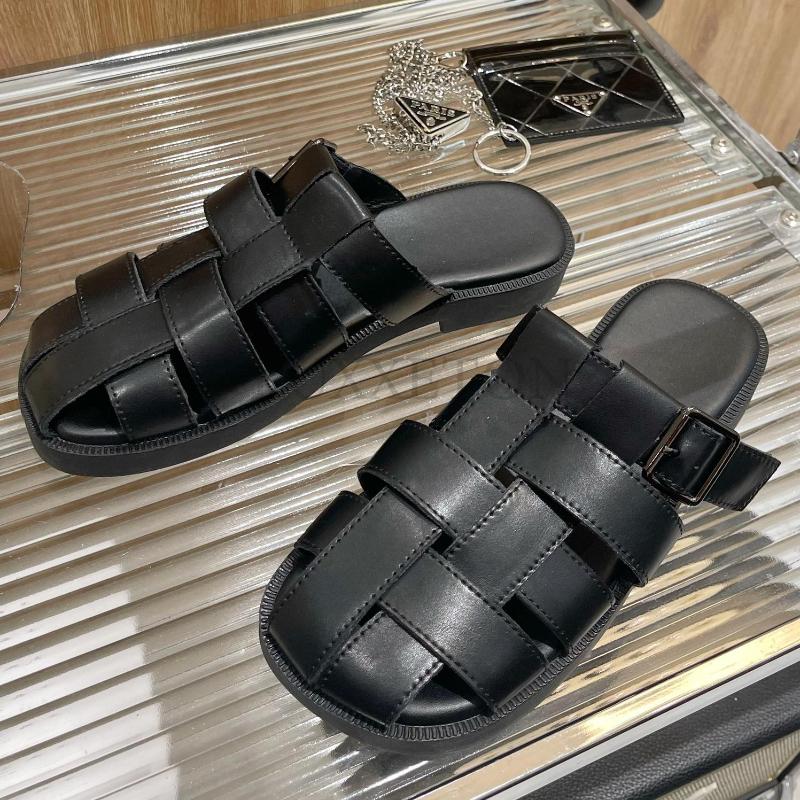 Retro Women Genuine Leather Mules Round Toe Flat Sandals Buckle Slippers Ladies Fashion Casual Shoes Summer
