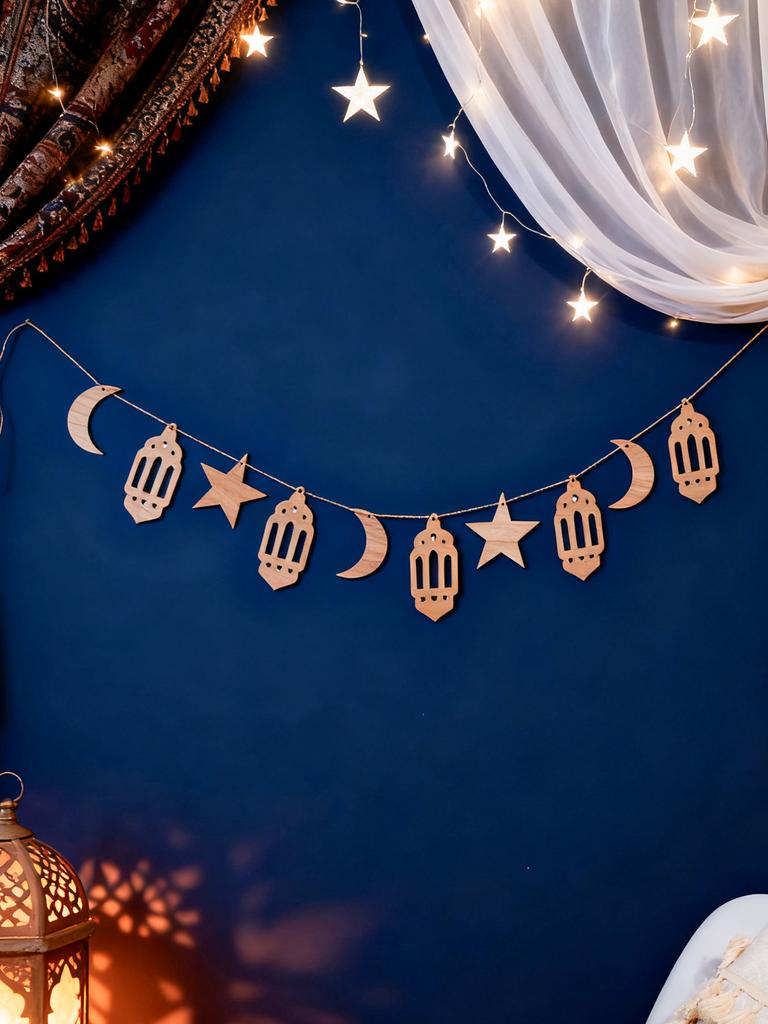 Рамадан Карим Деревянная Гирлянда Луна Звезда Исламский Фонарь Подвесной Баннер Декор Дом Вечеринка Стена Окно Украшение Мусульманский Праздник Подарок