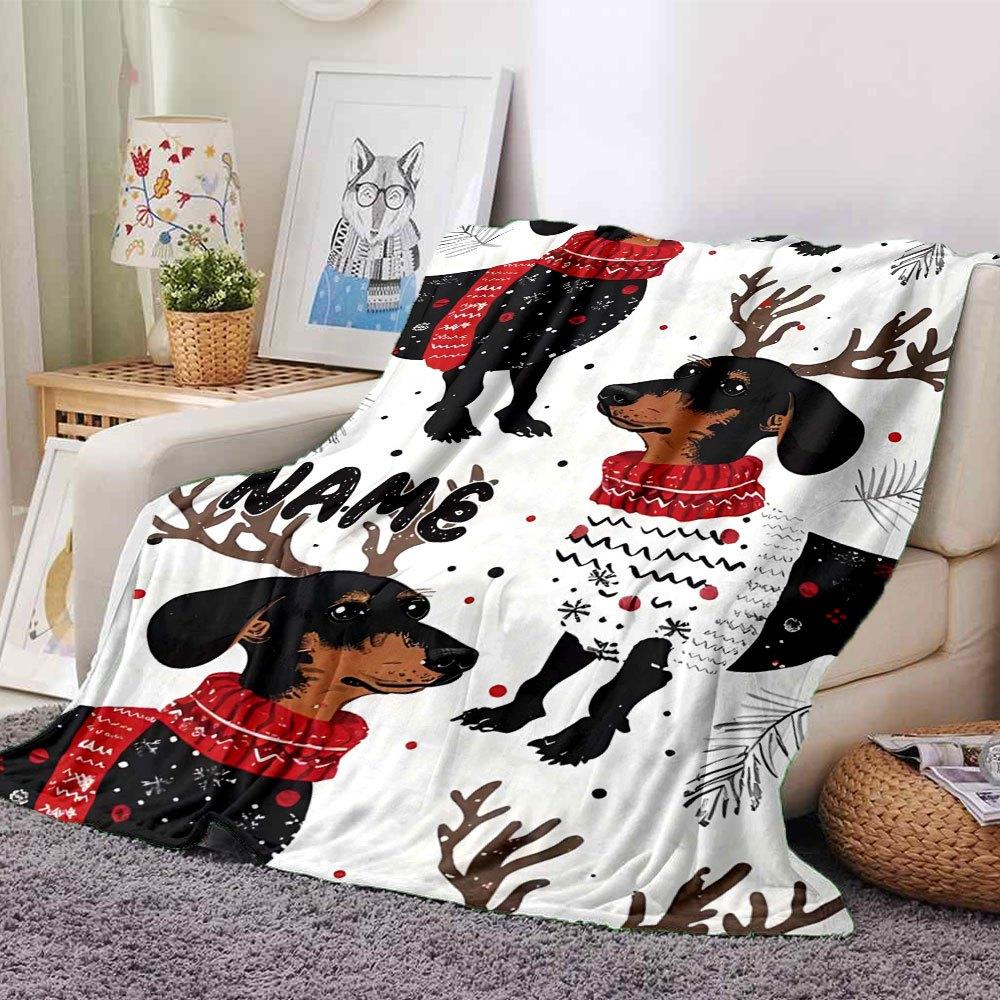 Dachshund With Antlers And Christmas Sweaters Home Customize Your Name Blankets Soft And Cozy Winter Blanket Perfect For Picnics Sofa Office Bed And