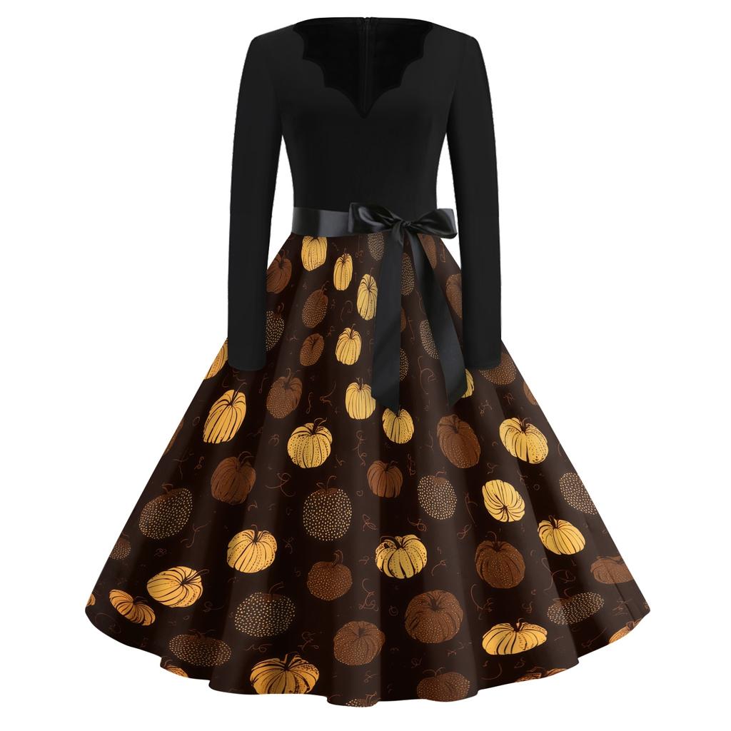 Women's Casual Halloween Printed V Neck Vintage Dress Long Sleeve Retro Fit and Flare Knee Length Dress with Belt and Halloween Pumpkin Design