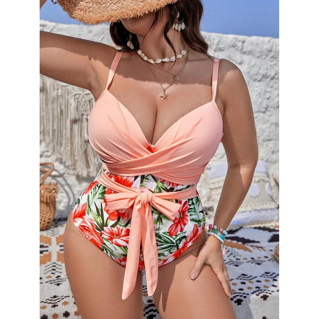 2024 New Women's Large One Piece Bikini Nylon Hard Wrap Chest Strap Printed Women's Swimwear