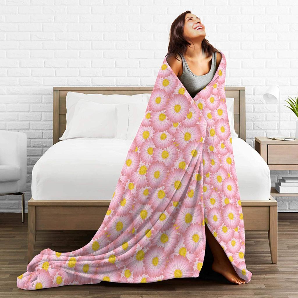 Pink Daisy Flower Seamless Pattern Blankets Adults Flannel Throw Blanket For Chair Sofa Bed Soft Cozy Custom Quality Bedspread