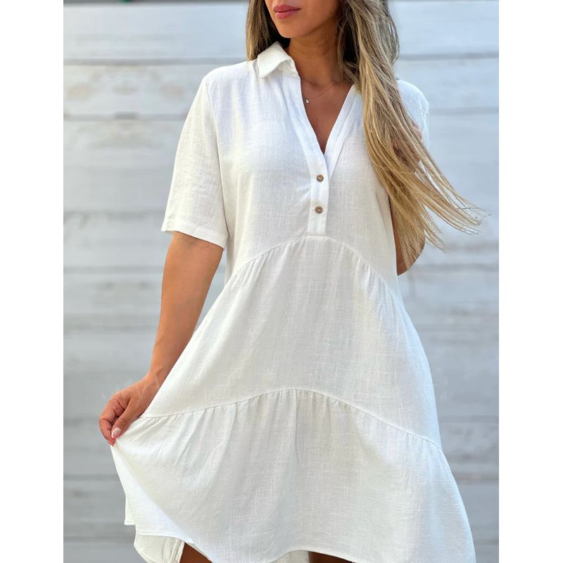 Cotton and Linen Dress2024 European and American Women's Clothing Loose Lapels Casual Short Sleeve Cotton and Linen Dress