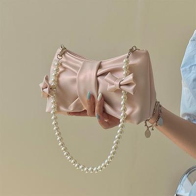 Повседневные женские сумки из искусственной кожи на плечо Ins Style с бантом и декором подмышками, милые женские простые сумки с жемчужной цепочкой