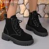 Suede Chunky Women Ankle Boots Retro Lace Up Mid Heels Shoes 2025 Trend New Designer Gladiator Winter Motorcycle Botas De Mujer