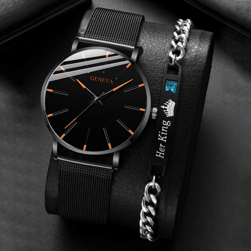 GENEVA 2 шт./комплект, элегантные модные мужские круглые кварцевые часы и браслет, идеи подарков для мужчин