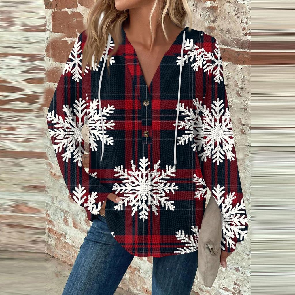 Женский повседневный топ с длинными рукавами, пуговицами, V-образным вырезом, рождественским принтом, завязками и капюшоном