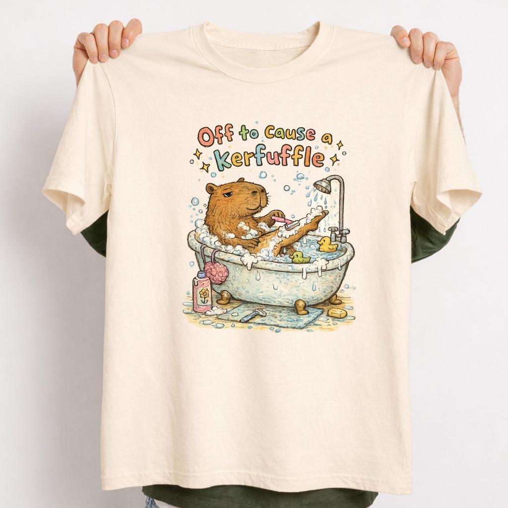 ironic Off To Cause A Kerfuffle Shirt – Funny Capybara Bath Cartoon Ironic Graphic Tee.