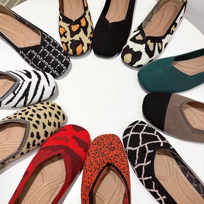 Square Head Single Shoes Women'S Shallow Mouth Flat Bottom European And American Style Shoes Knitted Shoes Soft Sole Knitted Shoes Women