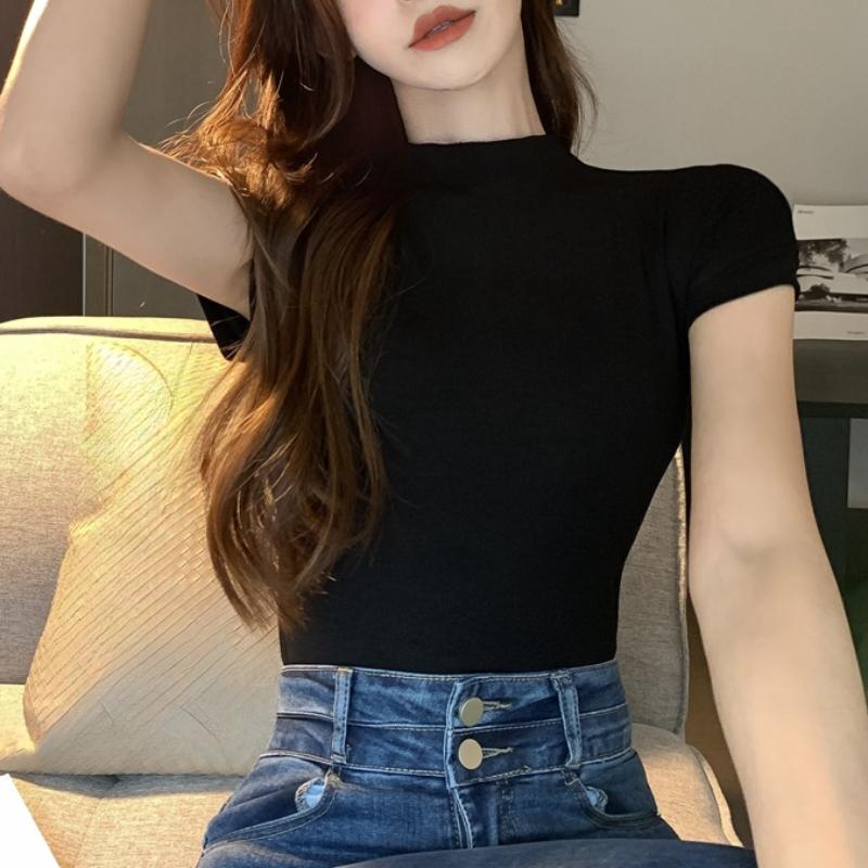 Summer Pure Desire Style Half High Neck Short Sleeved T-shirt for Women's Slim Fit and Slimming Bottom Shirt Top with Student Women's Tank Top