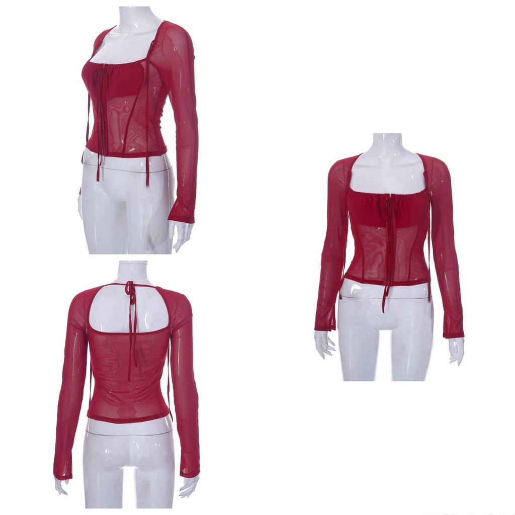 Goth Dark Mesh Cyber Y2k Bandage Sexy Casual T-shirts Gothic Punk Square Neck Skinny Crop Tops Women Ruched Long Sleeve Blouses