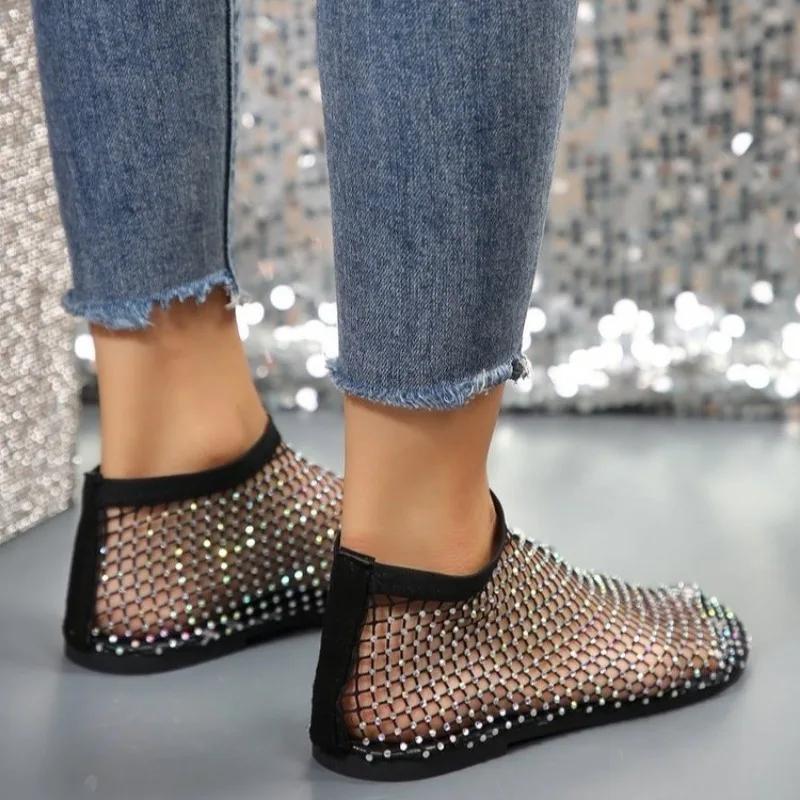 Black Rhinestone Flat Sandals Breathable Non-slip Comfortable Beach Sandals Femininas