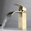 Waterfall Basin Faucet Deck Mounted Stainless Steel Brushed Gold Sink Tap Hot & Cold Water Mixer Bathroom Vanity Vessel Faucets