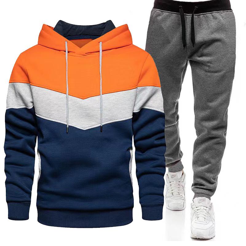 Sports Suit Men's Autumn Winter Plus Size Loose Hooded Sweatshirt Sweatpants Color Blocked 2-piece Set Light Plate