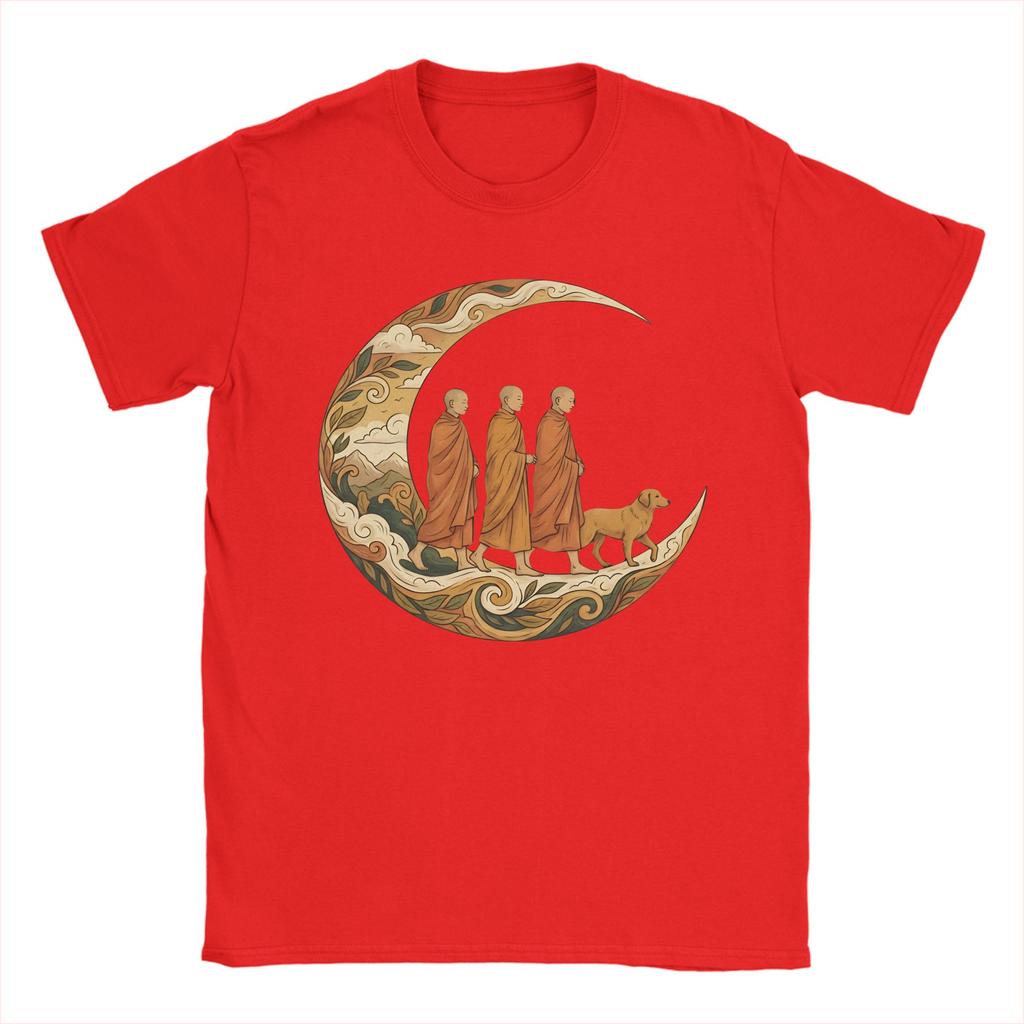 Walking for Peace Monks and Dog in a Crescent Moon Mens T Shirts Crazy Tee Shirt Short Sleeve TShirt Cotton Plus Size Clothes