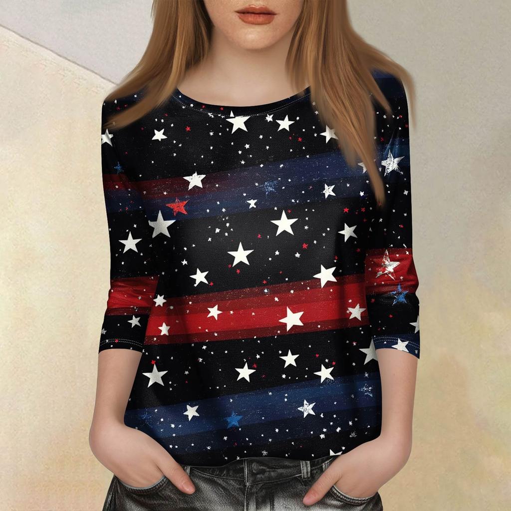 Women's Fashion Casual Seven Sleeve Independence Day Printed Round Neck Top