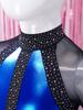 Girls Shiny Rhinestones Leotard Color Block Patchwork Keyhole Back Sheer Mesh Long Sleeve Bodysuit