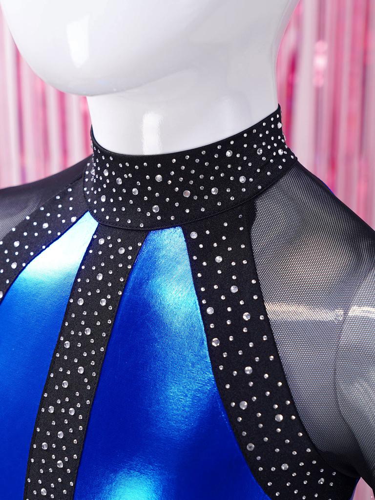 Girls Shiny Rhinestones Leotard Color Block Patchwork Keyhole Back Sheer Mesh Long Sleeve Bodysuit