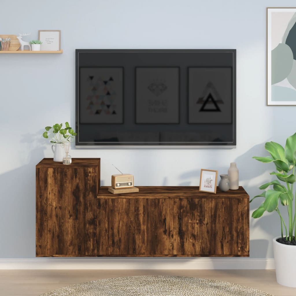 2 piece TV cabinet set smoked oak effect engineered wood