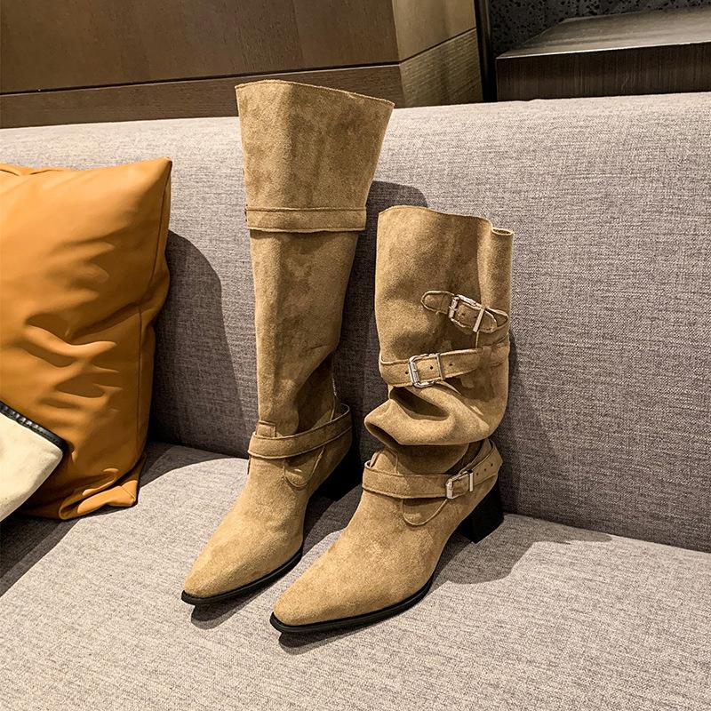 Западные ковбойские ботинки на толстом каблуке, женские осенние модели 2025, новые модели, ботфорты женские с большим обхватом голенища, женские ботинки