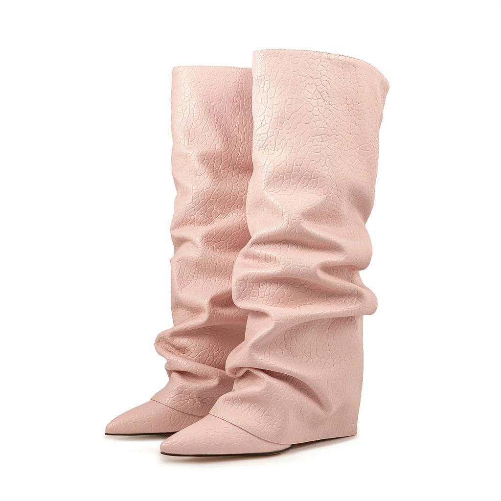 Женские высокие сапоги с принтом крокодила, с острым носком, леопардовым принтом, на танкетке, в стиле ретро, слипоны, с голенищем до колена, плиссированные