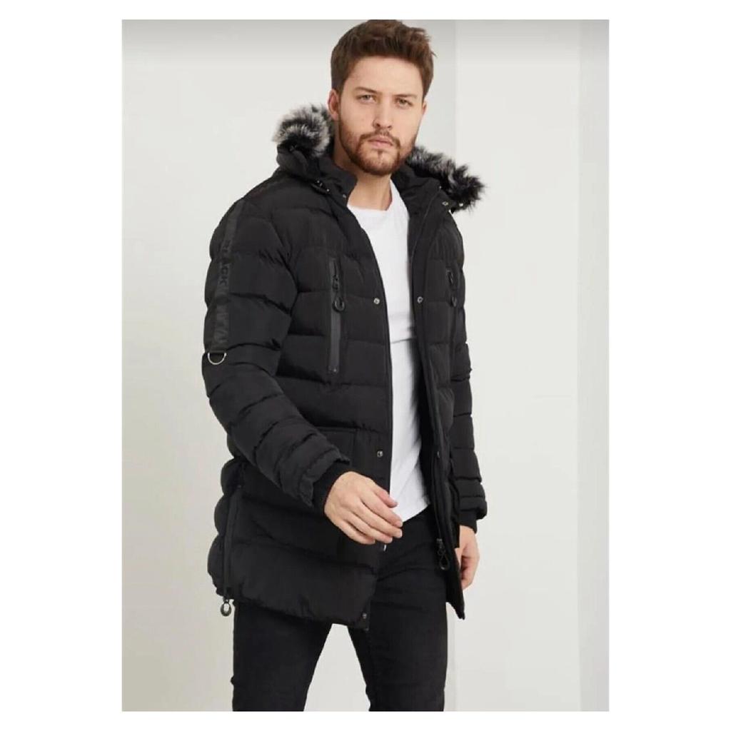 Men's Slim Fit Puffer Hooded Fur Coat Green