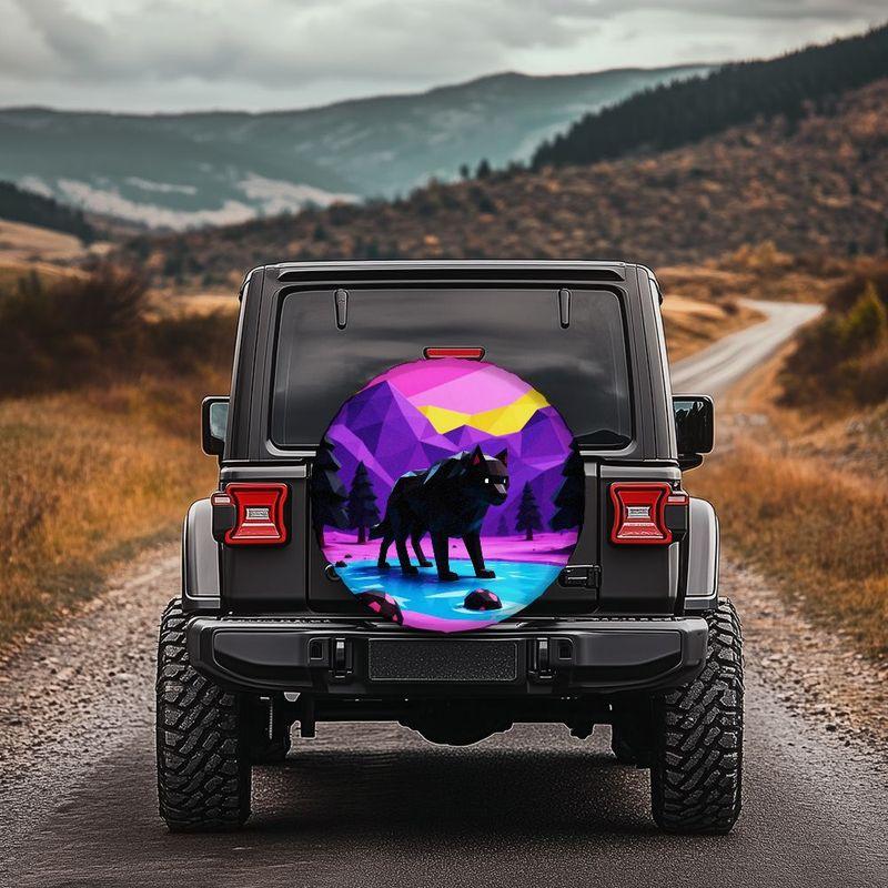 A Three-Dimensional Low-Poly Black Wolf Design On A Blue Water Landscape Pattern, Suitable For Universal Spare Tire Covers Made