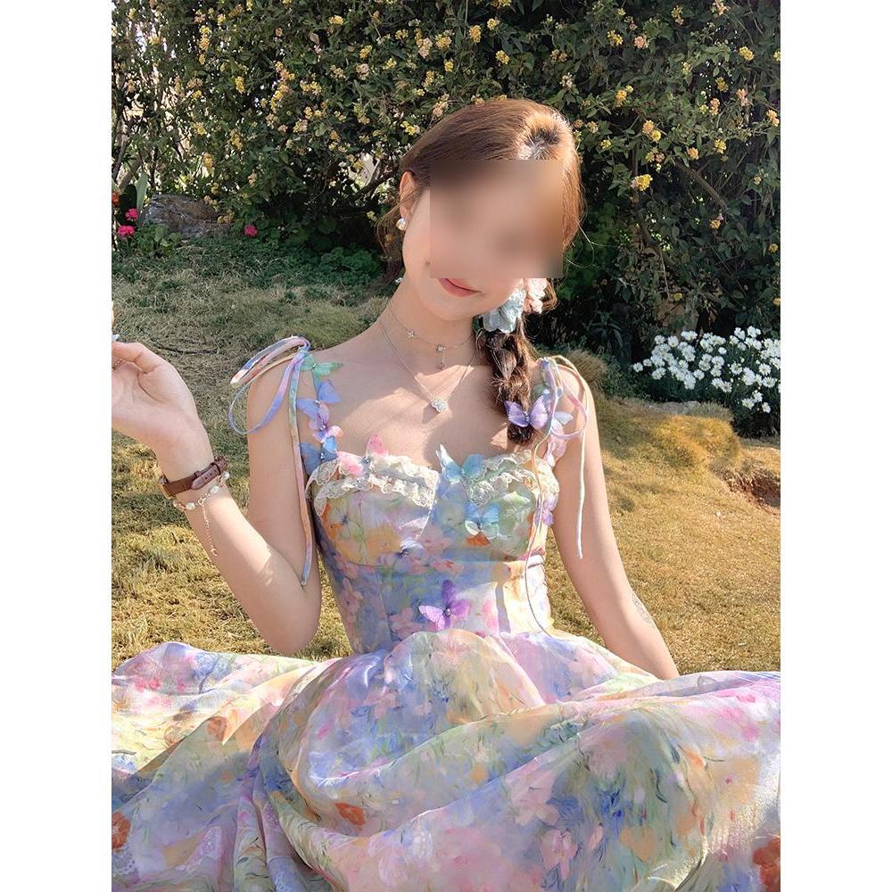 Long Printed Waist a Word Suspender Dress Women's Summer French Casual Women's Retro Temperament High-end Skirt