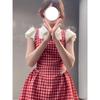 Милое платье-сарафан с эффектом двухслойной рубашки, детское летнее в стиле колледжа, с рукавами-буфами и клетчатой юбкой