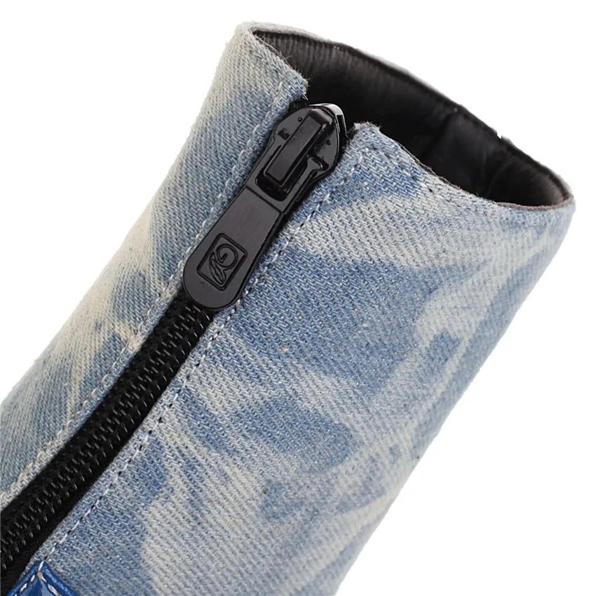 Стильные женские джинсовые ботильоны с квадратным носком, высоким блочным деревянным каблуком, зимне-осенние, большого размера, женские синие джинсовые ботильоны на молнии