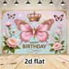 2D Pink Blue Butterfly Birthday Backdrop for Girls Princess Themed Photo Booth Background