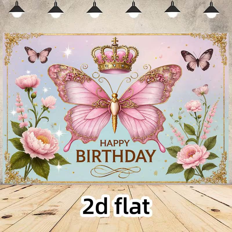 2D Pink Blue Butterfly Birthday Backdrop for Girls Princess Themed Photo Booth Background