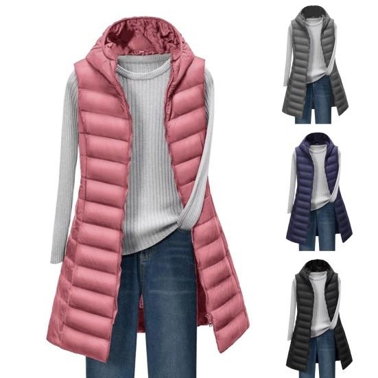 Женское зимнее хлопковое пальто с капюшоном, тонкое, утепленное, ветрозащитное, без рукавов, однотонный жилет средней длины, застежка-молния, кардиган, верхняя одежда
