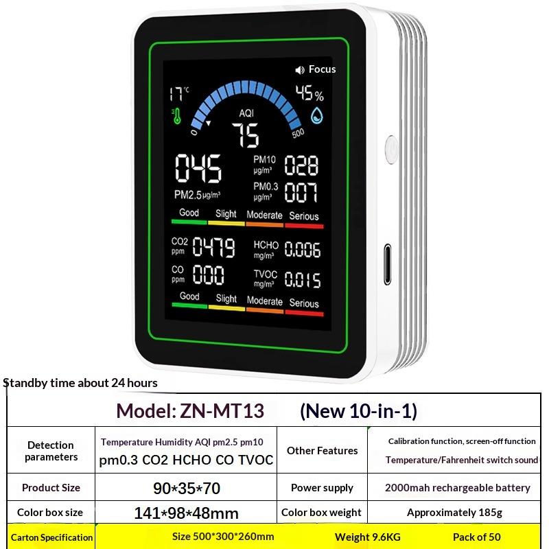 Детектор качества воздуха 10-в-1 CO2, PM0.3, PM1.0, PM2.5, PM10, HCHO, TVOC, Термометр-гигрометр, Монитор CO2
