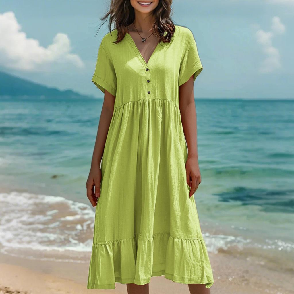 Женское модное однотонное платье с коротким рукавом из хлопка и льна в стиле пэчворк со складками