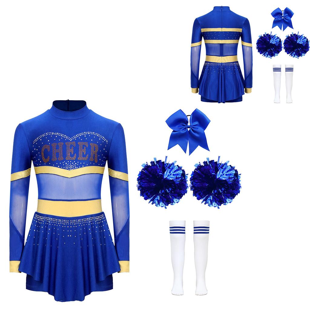 4Pcs Girls Cheer Leader Costume Long Sleeve Diamonds Dance Jumpsuit with Cheerleading Hand Flower Bowknot Hair Ties and Striped Knee High Tube Socks