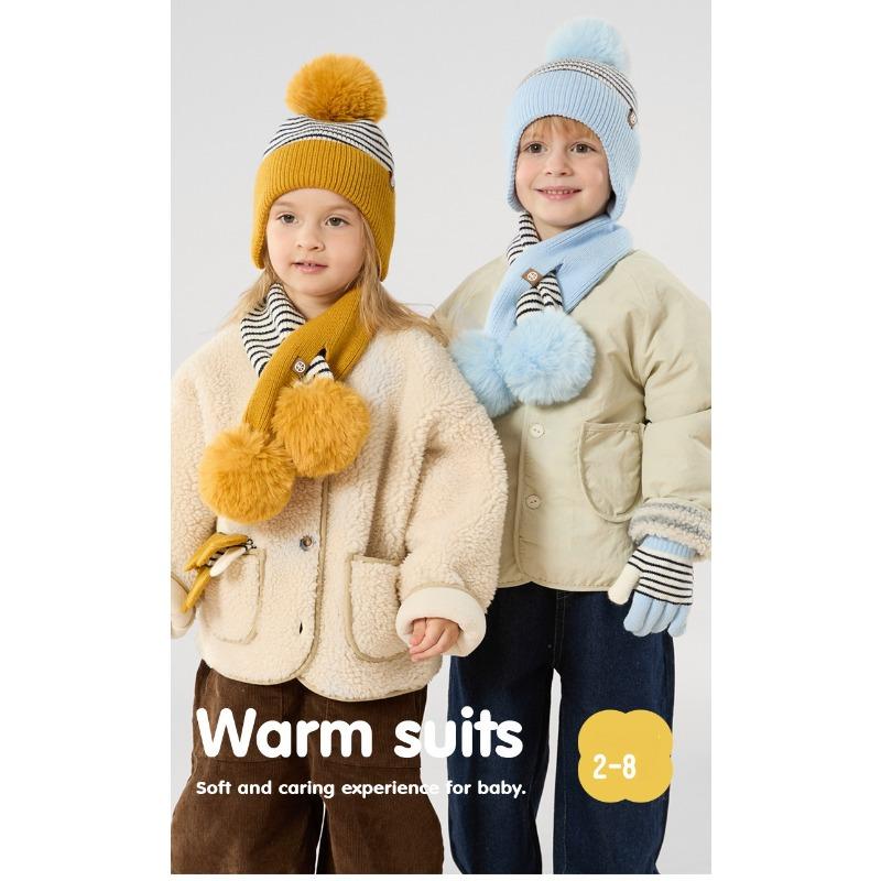 3-piece Set of Children's Hats, Scarves, Gloves, Striped Autumn and Winter Warm Wool Ball Knitted Ear Protection Hats