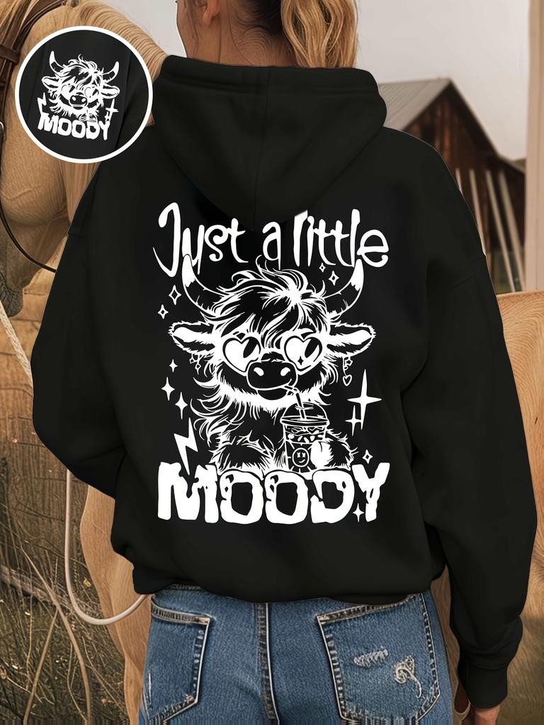 Unisex Autumn Just a Little Moody Highland Cow Cute Cartoon Graphic Hoodie Hooded Sweatshirt Print Casual Top for Daily Wear Week