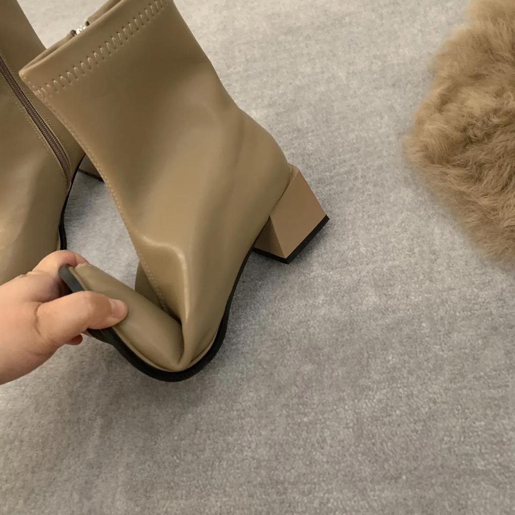 Женские ботильоны с квадратным носком, флоковые эластичные туфли на тонком среднем каблуке, черные/коричневые/бежевые, с застежкой-молнией сзади, женские размеры 35-40